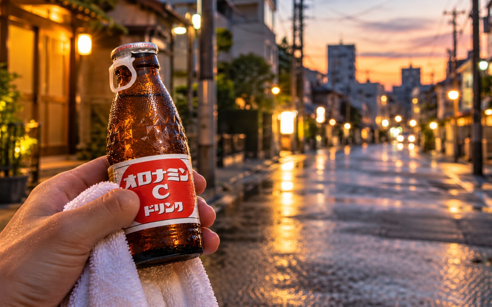 サウナ後にドリンクを楽しむ夕方の帰り道