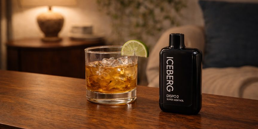 ハイボールとICEBERG Dispo2 スーパーメンソールでカクテルシーシャを楽しむ家飲みイメージ