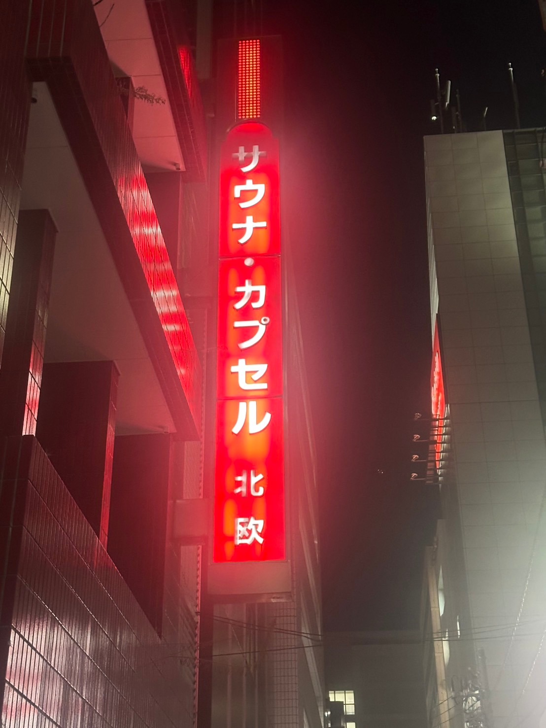 夜の上野に光るサウナ・カプセル北欧の赤い縦看板